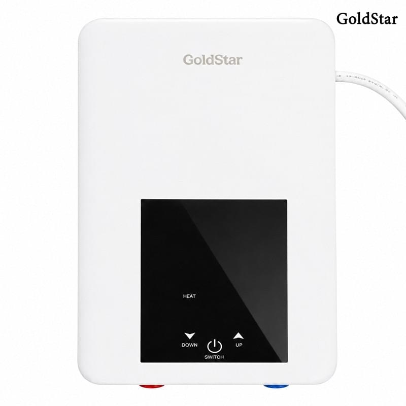 GoldStar white instant electric water heater with black control panel