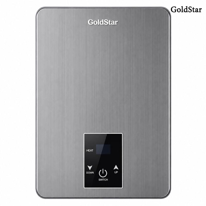 GoldStar slim silver electric water heater with digital controls